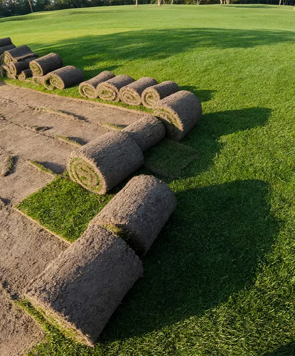 Rolls of lawn grass on a golf course in a park on a sunny day, against a background of pine trees. Sod installation copy