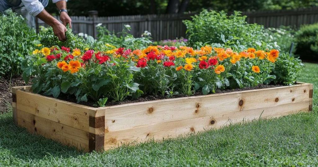 A person tending to colorful red and orange flowers growing inside a large cedar wood DIY raised garden bed built from wooden planks in a grassy backyard.