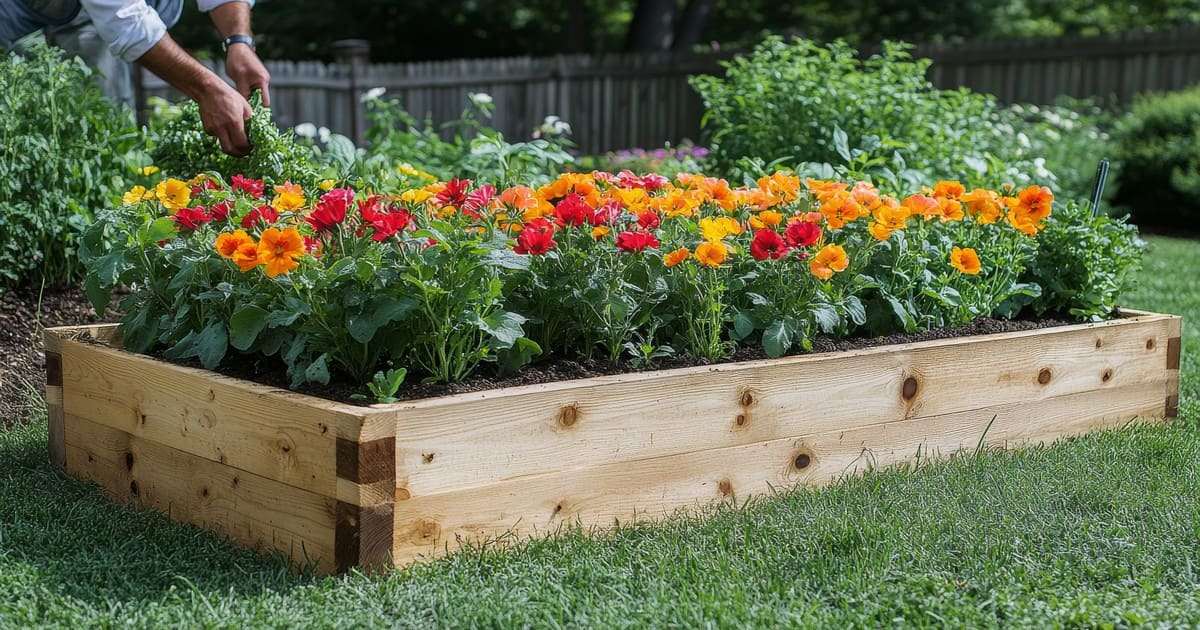 A person tending to colorful red and orange flowers growing inside a large cedar wood DIY raised garden bed built from wooden planks in a grassy backyard.