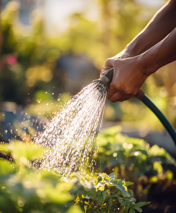 Professional from landscape maintenance companies in Littleton, CO, watering garden plants with a hose during golden hour.