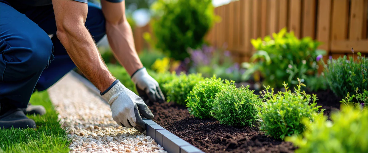A professional landscaper kneeling on a gravel path, carefully installing a modern black border edge along a freshly mulched flower bed as part of a garden maintenance project.