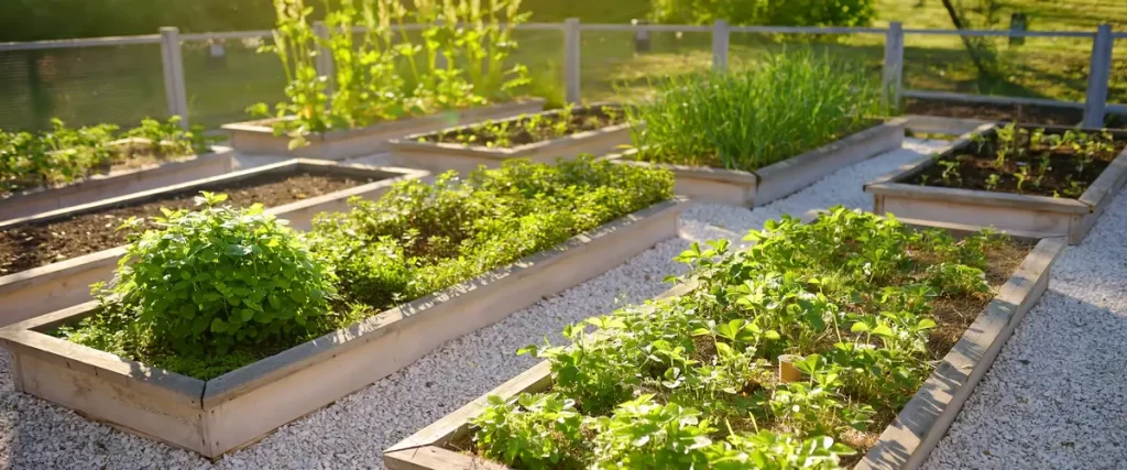A high-angle view of a backyard garden featuring several wooden raised garden beds filled with thriving green plants, herbs, and strawberries, separated by clean white gravel paths.