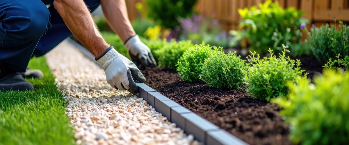 A professional landscaper wearing protective gloves performs landscape maintenance by precisely installing dark grey stone edging to separate a gravel path from a garden bed with green shrubs.