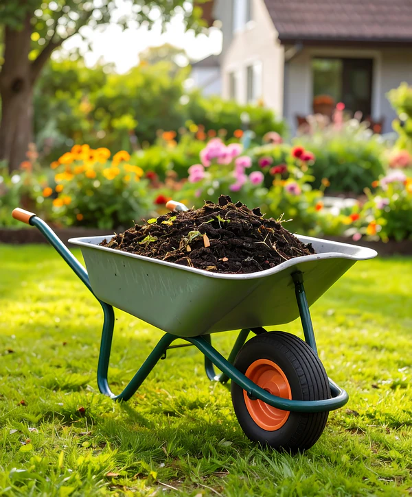 A green metal wheelbarrow filled with rich organic soil and mulch sitting on a lush lawn, part of a landscape maintenance service in Lone Tree, CO.