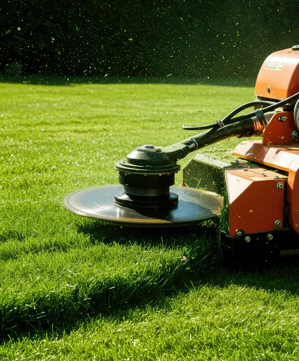 A close-up view of a professional orange lawn mower blade spinning and cutting lush green grass, provided by landscape maintenance companies in Parker, CO.