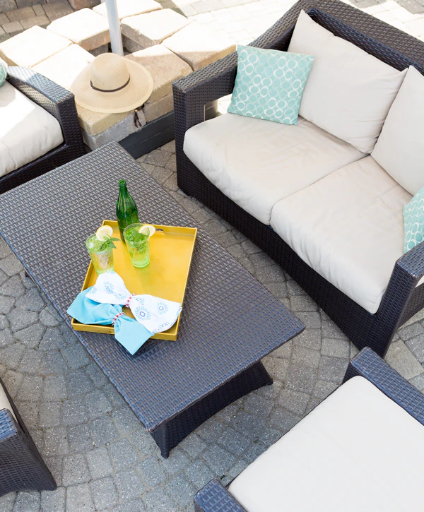 A wide view of a modern outdoor living space and patio installation in Denver, CO.